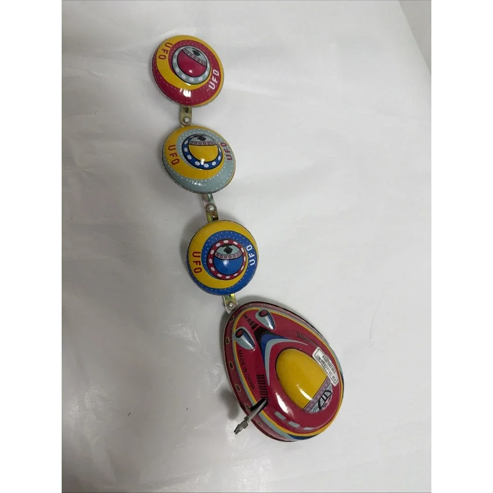 Wind Up Tin Toy UFO Satellite Space Ship Train Fying Saucer Juyou JMT 49